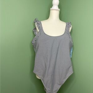 Draper James Navy and White Striped Ruffle-Shoulder One-Piece